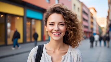A bright portrait of a woman with a cheerful smile, the lively urban background highlighting her optimistic presence, generative AI