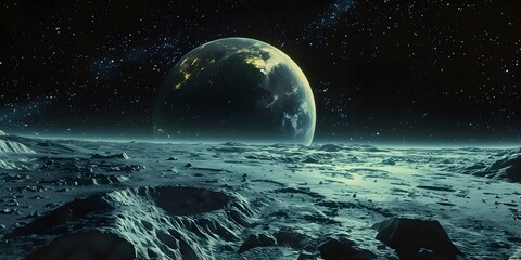 Cinematic Space of Alien Planet from Moons Surface with Earth in View - obrazy, fototapety, plakaty