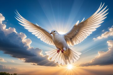Obraz premium white dove flying on sky in beautiful sunset light for freedom concept