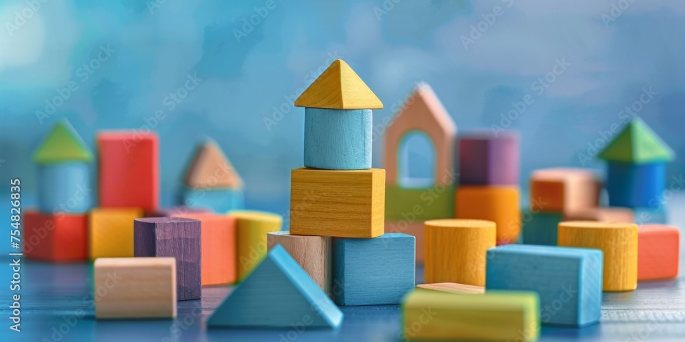 Poster assorted colorful wooden blocks arranged, stimulating creativity and cognitive development in childr