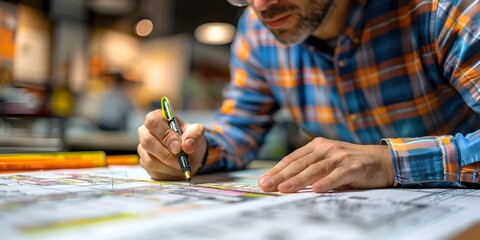 Obraz premium Male Designer Focused on Drawing Construction Plans with Pencil and Compass
