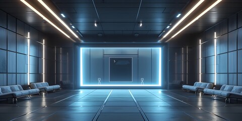 Obraz premium Minimalist Sci-Fi Style Waiting Room with Blue Neon Lights, To provide a visually striking and modern backdrop or foreground for advertising, gaming,
