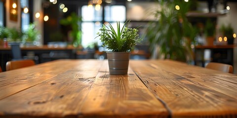 Wooden Table with Potted Plant in Urban Cafe, To showcase a cozy and eco-friendly cafe interior with a focus on a wooden table and potted plant - obrazy, fototapety, plakaty