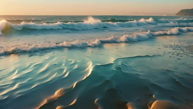 Video animation of serene and beautiful scene of waves gently crashing onto a sandy beach during sunset or sunrise. The sky is painted with soft hues