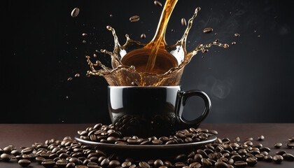 Coffee beans splashing out of a cup with steam on a dark background - obrazy, fototapety, plakaty