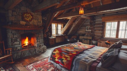 Rustic Cabin Interior with Stone Fireplace and Handmade Quilt AI Generated.