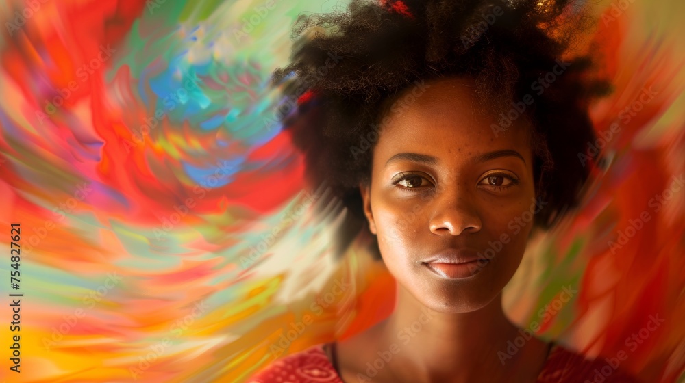 Wall mural A young woman's portrait with swirling vibrant colors creating an abstract and artistic background.