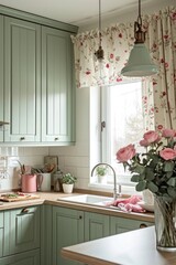 An inviting kitchen space blends classic cottage charm with modern functionality, featuring pastel cabinetry and floral curtains