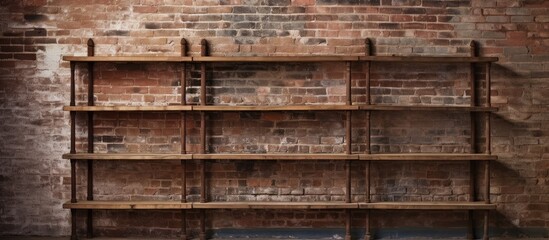 A two-tiered wooden shelf with various products displayed sits in front of an old, beautiful brick wall. The shelves are made of aged wood, contrasting with the textured brick background.