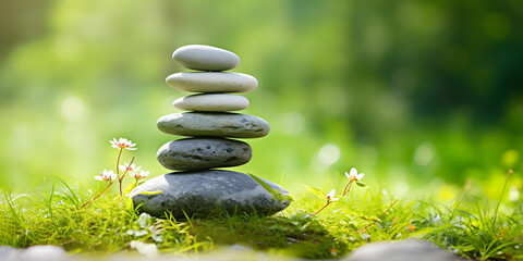 Banner with rock balancing. Stones piled in balanced stacks in front of blurry green garden or forest background with copy space