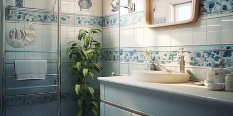 Light blue and white tiled bathroom with vintage fixtures and fresh green plants