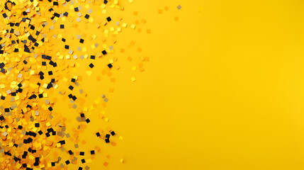 Golden confetti on a yellow background. Illustration of a drop of shiny particles. Decorative element for design,Abstract background with many falling golden tiny confetti pieces
 - obrazy, fototapety, plakaty
