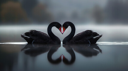 2 black swans kissing and making the shape of a heart, on a lake, abstract romantic setting, natural sunlight