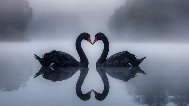 2 black swans kissing and making the shape of a heart, on a lake, abstract romantic setting, natural sunlight