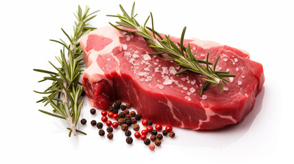 Fresh raw steak with rosemary and peppercorns on a white background.