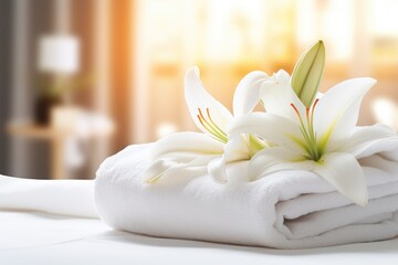 Fototapeta na wymiar A serene spa environment with fresh white lilies resting on fluffy towels, suggesting luxury and relaxation..