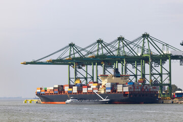 Giant container ship loading containers in the port