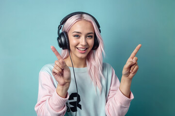 Portrait of a beautiful young asian woman with pink hair listening to music with headphones