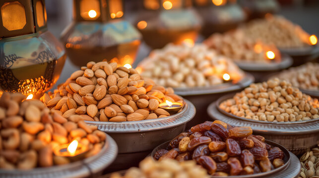 Traditional middle eastern market stall with nuts and dates