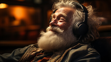 Obraz premium Elderly bearded man enjoying music with headphones, warm ambient lighting.