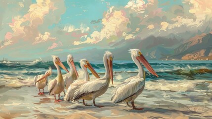 Fototapeta na wymiar White pelicans gathered on a beach.