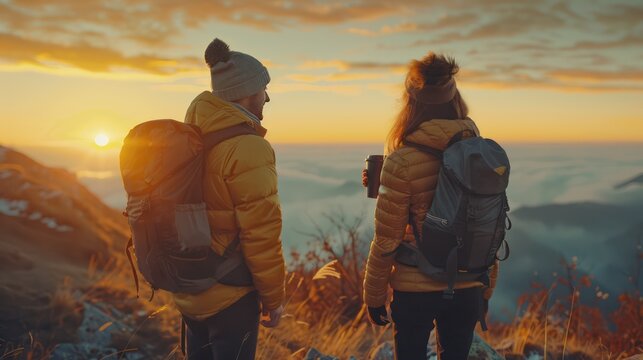 A young hiking couple sharing a hot cup of coffee high top of a mountain, looking forward a golden hour