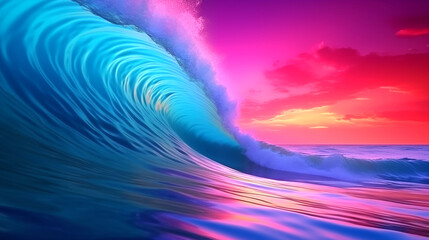 Glowing neon sea wave abstract background. Horizontal travel poster. Sunset or sunrise seascape. Digital artwork raster bitmap illustration. Purple, pink and blue colors. AI artwork.