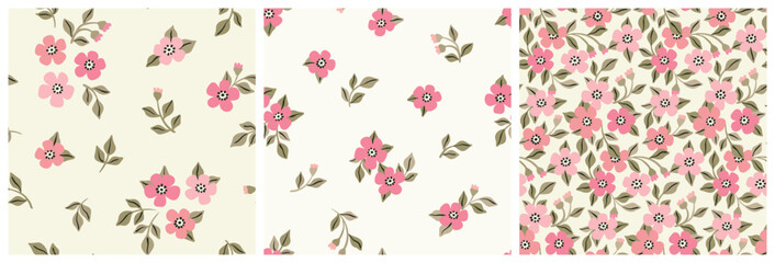 Seamless floral pattern, romantic liberty ditsy print of mini pink flowers. Botanical design collection, abstract ornament: small cute hand drawn flowers, leaves on white surface. Vector illustration.