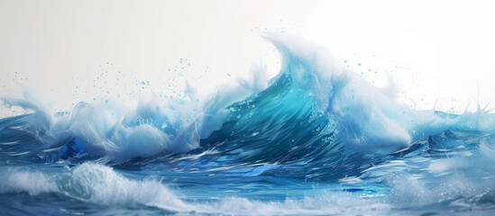 Blue sea wave abstract background. Horizontal travel poster. Digital artwork raster bitmap illustration. AI artwork.