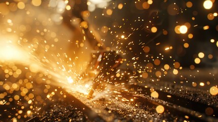 Industrial worker cutting and welding metal with many sharp sparks