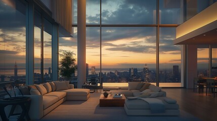A living room with a view of the city at sunset.