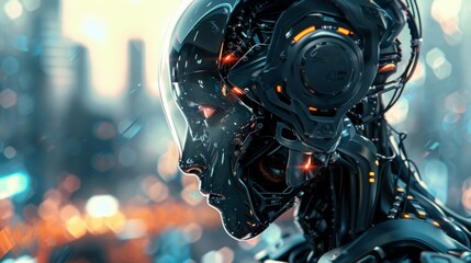 Ai robot, red eye and transparent helmet, sci-fi, generated with AI