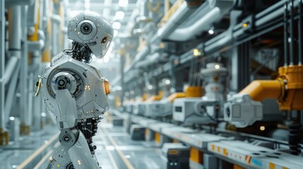 The robot standing on platforms in a Nuclear industrial factory with machinery