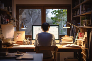 男性, 男性の後ろ姿, デスク, 仕事, 勉強, 仕事をする男性, パソコン, Male, Male Back View, Desk, Work, Study, Working Man, Computer