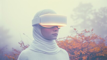 Close-up minimalist photo of woman wearing white vr headset, troubadour style, white and olive colors, generated with AI