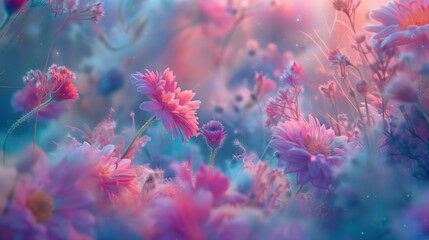 Fototapeta na wymiar Tender and bright colorful field flowers background. Morning light, mist and soft bokeh effect meadow wallpaper. Artistic summer spring floral botanical photography concept.