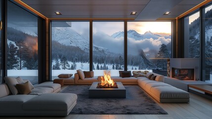 A serene, high-definition image of a Scandinavian-style living room at dusk, with cozy, minimalist furniture, soft textiles, and a crackling fireplace.