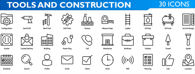 Tools icon set. Containing configuration,hand drill,work tool,edit tools,factory,ladder,oil tank,oil truck,socket,locked delivery,building,power plug,toolbox,trowel,spade. Line style collection