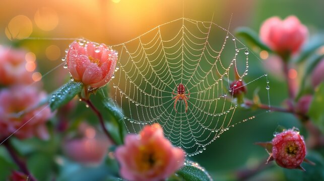 A vibrant, close-up macro photograph of a dew-covered spider web in the early morning light. The droplets are illuminated like tiny jewels, with the web intricately suspended between springtime bloom.
