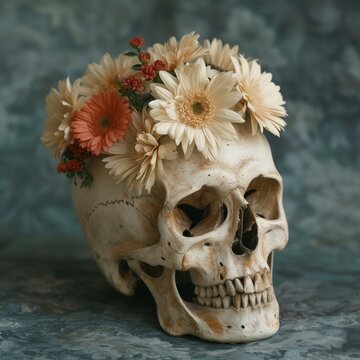 Skull surrounded by colorful flowers on vibrant blue background, nature and death concept