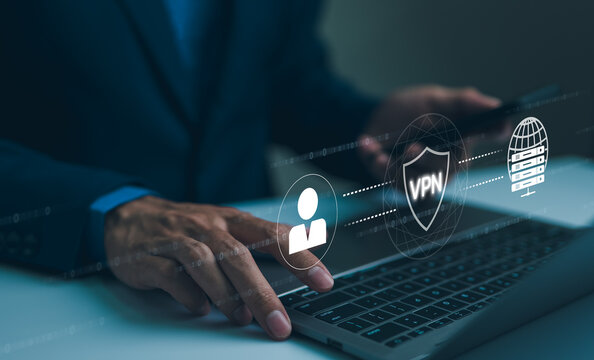 Virtual private network encryption connection concept. Using VPN for secure internet access. A businessman securely accesses the internet through a VPN on his laptop, with a digital interface overlay.