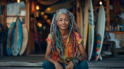 Portrait of senior woman with dreadlocks sitting outside of surfboard rental shop
