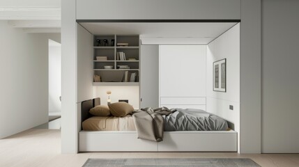 Fototapeta na wymiar Stylish Bedroom Decor with Space-Saving Storage System.