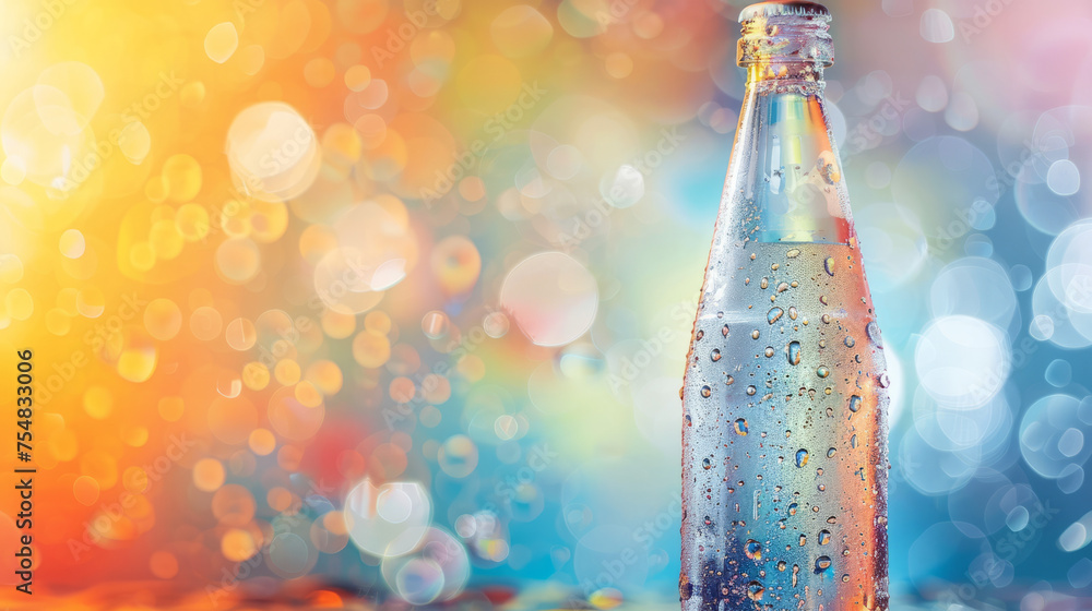 Poster vibrant image of a water-drenched bottle against a multicolored bokeh background for a festive look