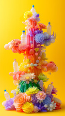 change to real cactus, Man-made mechanical and man-made artificial cactus with trash plastic bottles and acrylic paper, yellow background