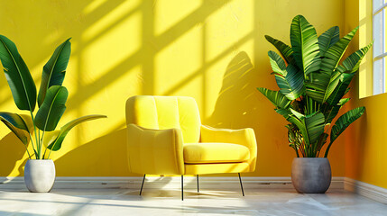 Fototapeta premium Modern Living Room with Bright Yellow Accents, Stylish and Comfortable Interior Design Ideas