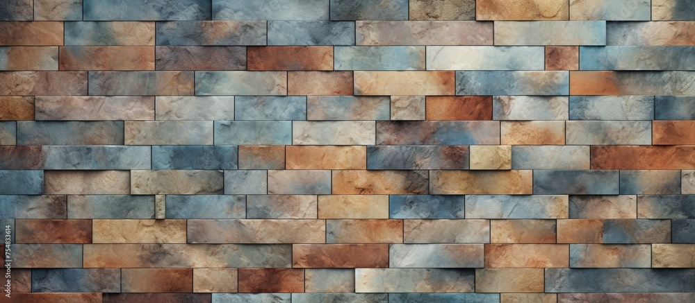 Poster A brown and blue brick wall adorned with an array of different colors, creating a vibrant and eye-catching display. The contrasting hues on the textured surface add depth and character to the urban