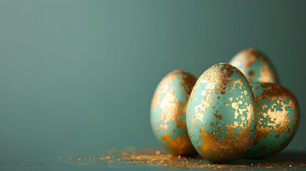a green wooden table with a pile of speckled green Easter eggs painted in gold. 