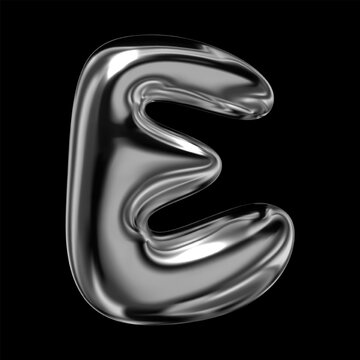 Glossy 3D chrome letter E of English alphabet, Y2K retro futuristic inflated balloon bubble typeface font, fluid liquid metal with shiny surface, vector isolated