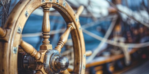 Close-up of a vintage wooden ship's steering wheel with intricate details, blurred ship rigging background.